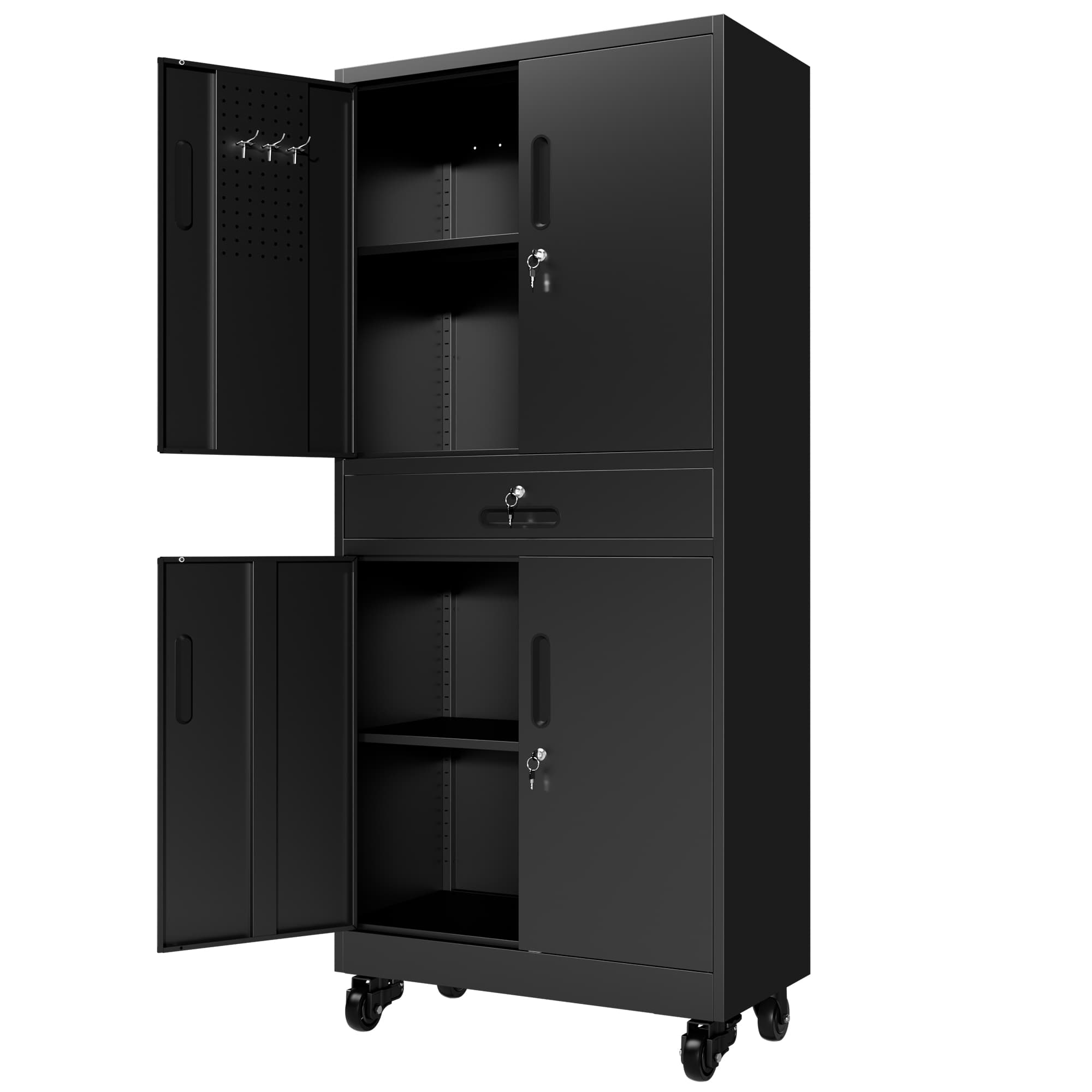 Metal Storage Cabinet With Drawer, 71  Garage Cabinet With Locking Doors And 2 Adjustable Shelves, Heavy Duty Tool Cabinet With Pegboard, 8 Hooks & Rolling Wheels For Home Office Utility