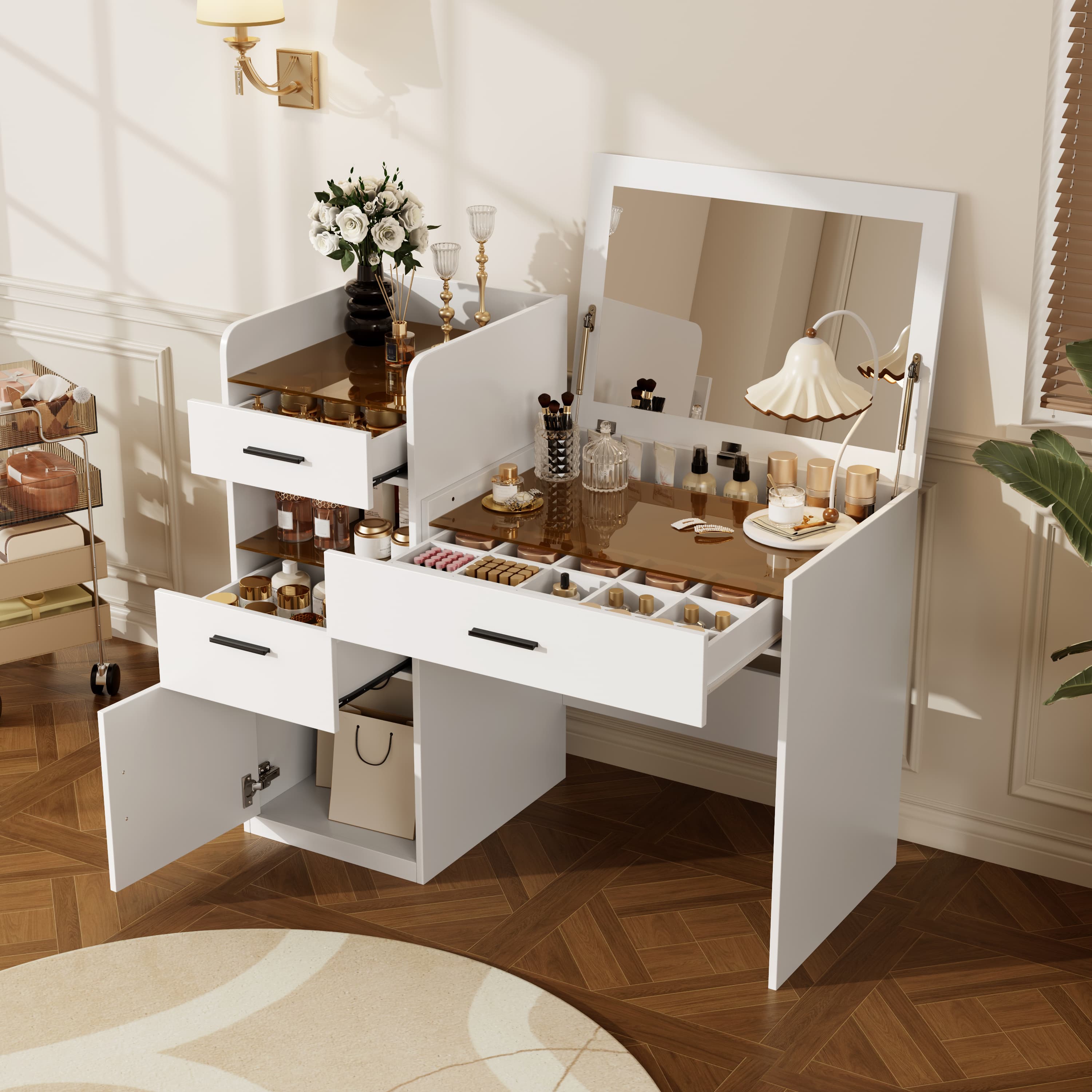3-in-1 Vanity Desk With Flip Top Mirror, Glass Top Compact Makeup Vanity & Hidden Storage, Vanity Table With 3 Drawers And Cabinet, Space-Saving Dressing Tablefor Bedroom, White