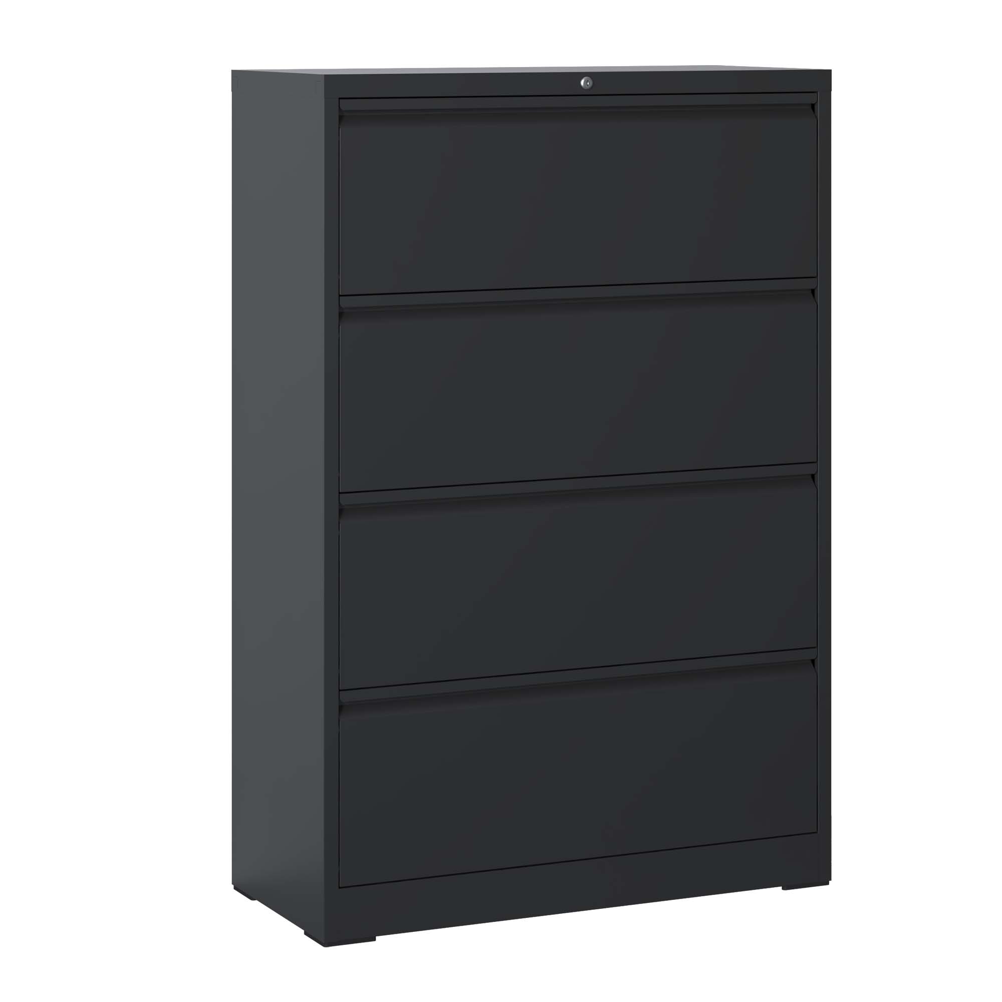 Lateral File Cabinet 4 Drawer, Black Filing Cabinet With Lock, Lockable File Cabinet For Home Office, Locking Metal File Cabinet For Legal Letter A4  F4 Size