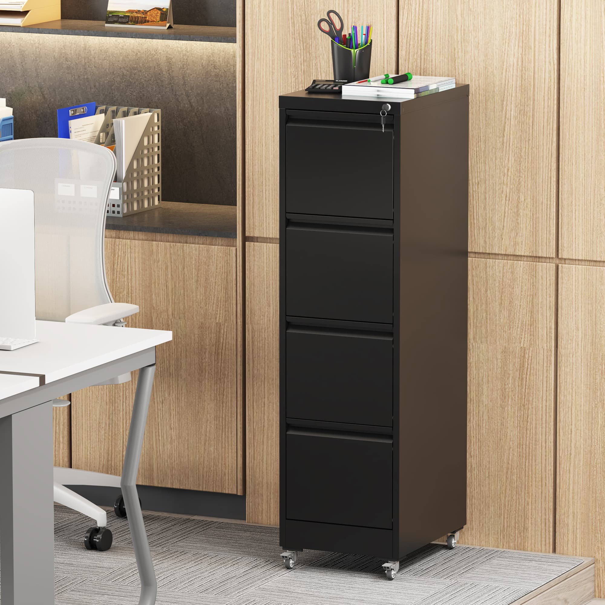 4 Drawer Metal Locking Vertical File Cabinet On Wheels -Heavy-Duty Lockable Cabinet For Home & Office, Black, 17.71 Dx15.16 Wx52.28 H,Black