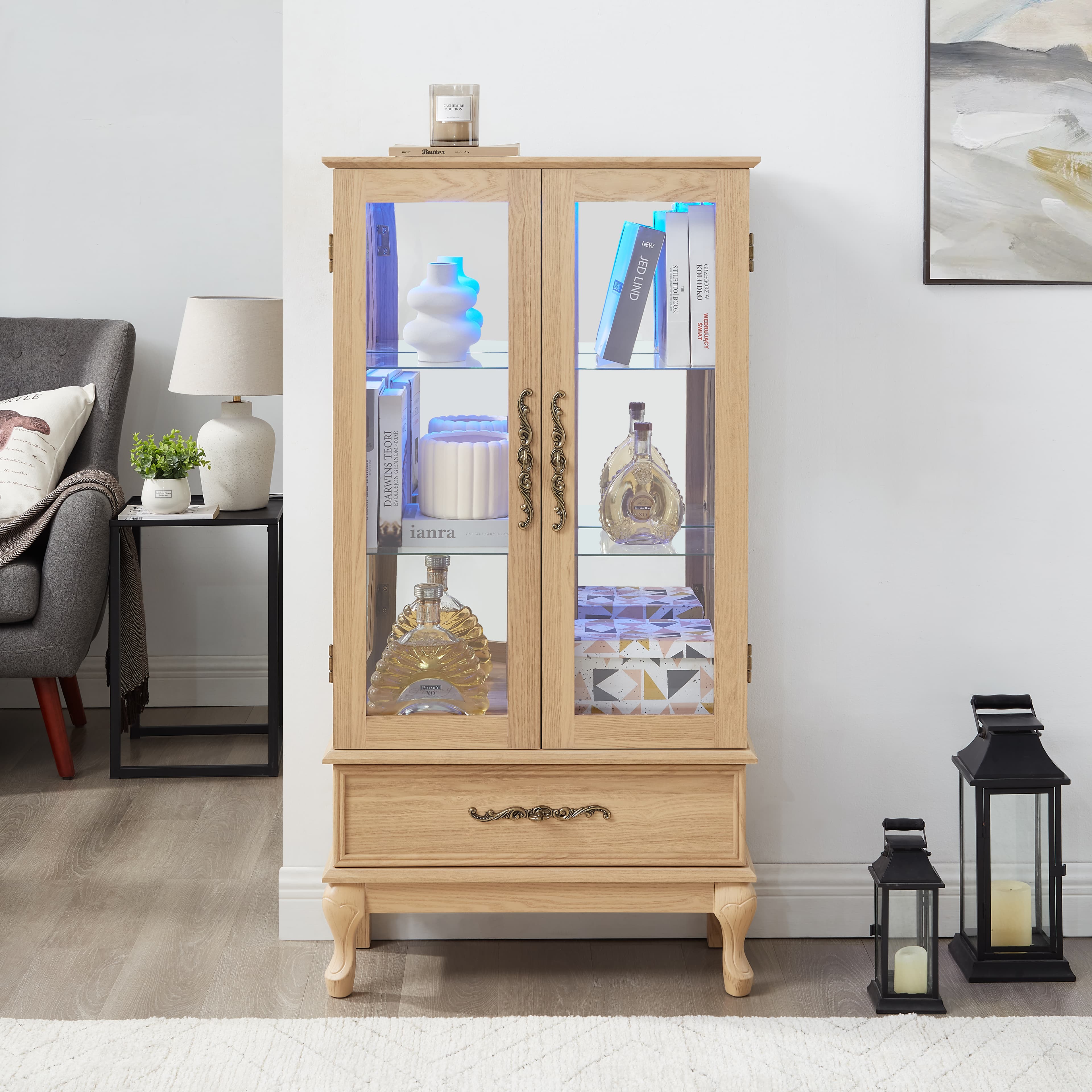 Lighted Curio Cabinet - Elegant Glass Display Cabinet With Adjustable Shelves, 2 Doors, And 1 Drawer - Wine Storage Sideboard With Included Bulb - Light Oak Finish