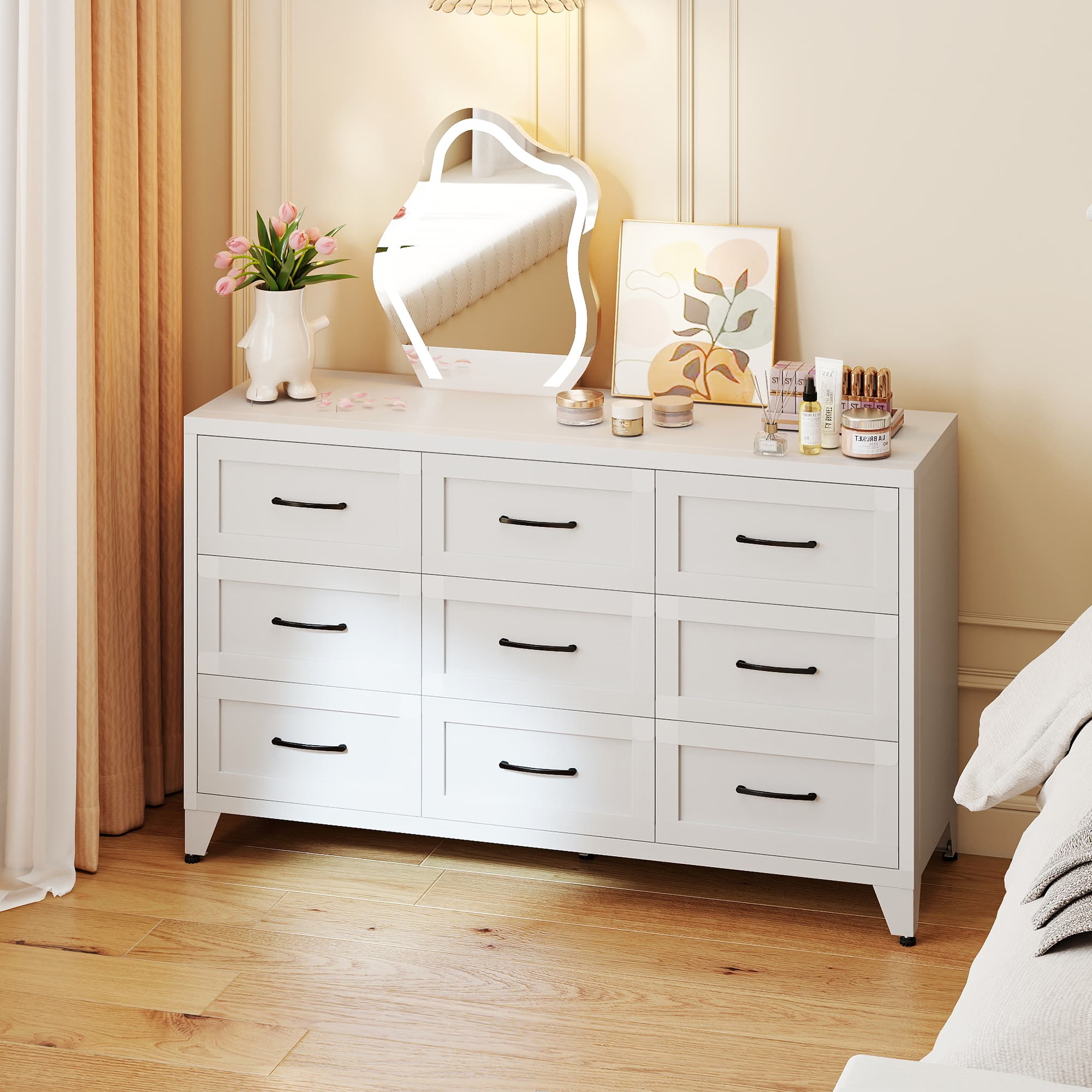 9 Drawer Dresser For Bedroom, Metal Profile Chest Of Drawers, White Bedroom Dresser With Storage Drawers For Closet, Hallway, Entryway, Steel Furniture With Quiet-Glide Rails, Easy-Clean & Scratch