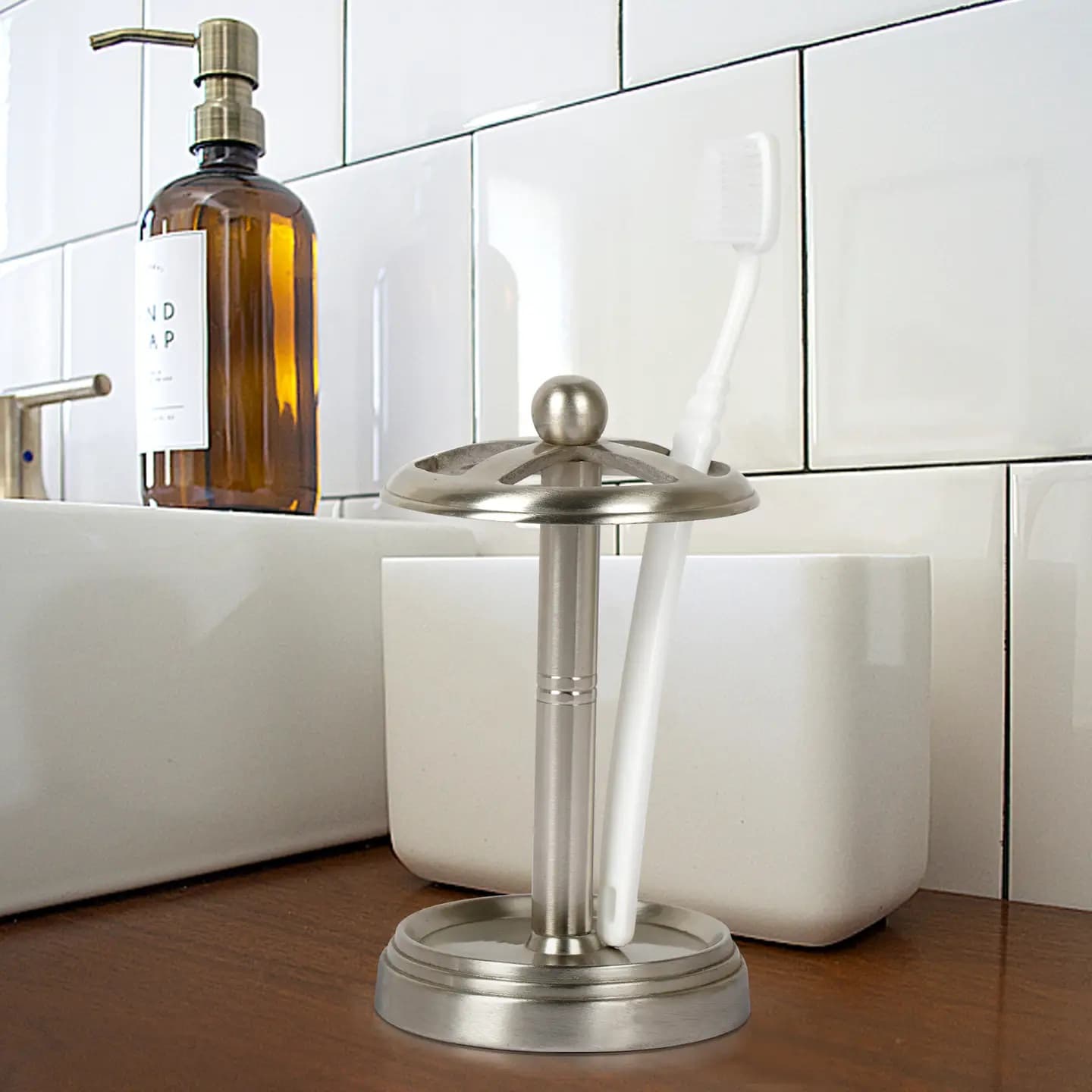Stainless Steel Toothbrush Holder Compact Multi-Slot Holder For Toothbrushes,Razors & Makeup Accessories  Brushed Pewter Finish
