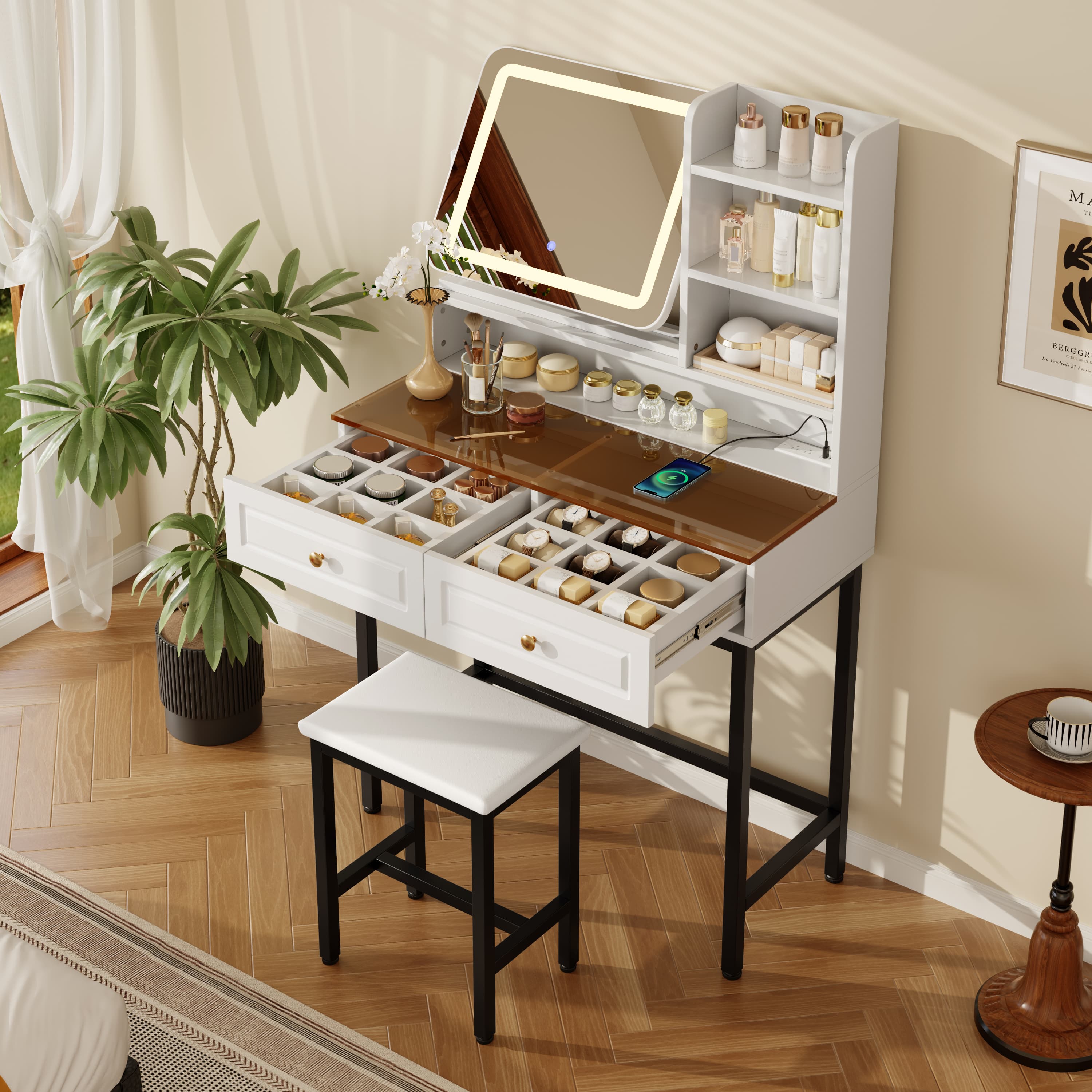 Makeup Vanity With LED Lighted Mirror,  360 Rotatable Mirror, Vanity Desk With 2 Drawers,Power Outlet And 3-Tier Shelves, Amber Glass Table Top, Dressing Table With Sturdy Metal Leg And  Stool, White