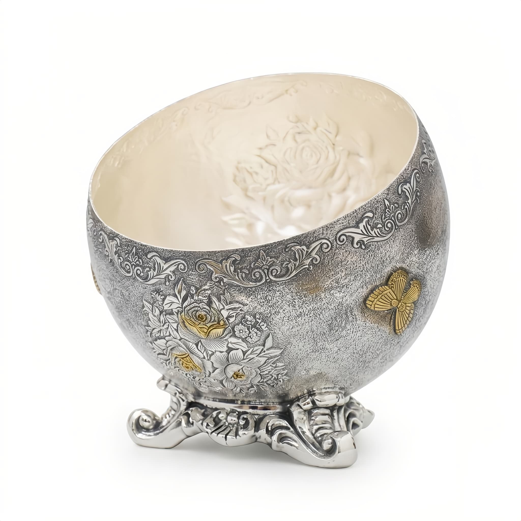 Pure 999 Fine Silver Antique  Floral Bowl with Gold Accents and Intricate Pedestal Base-Fine Silver Storage Box - Handicraft