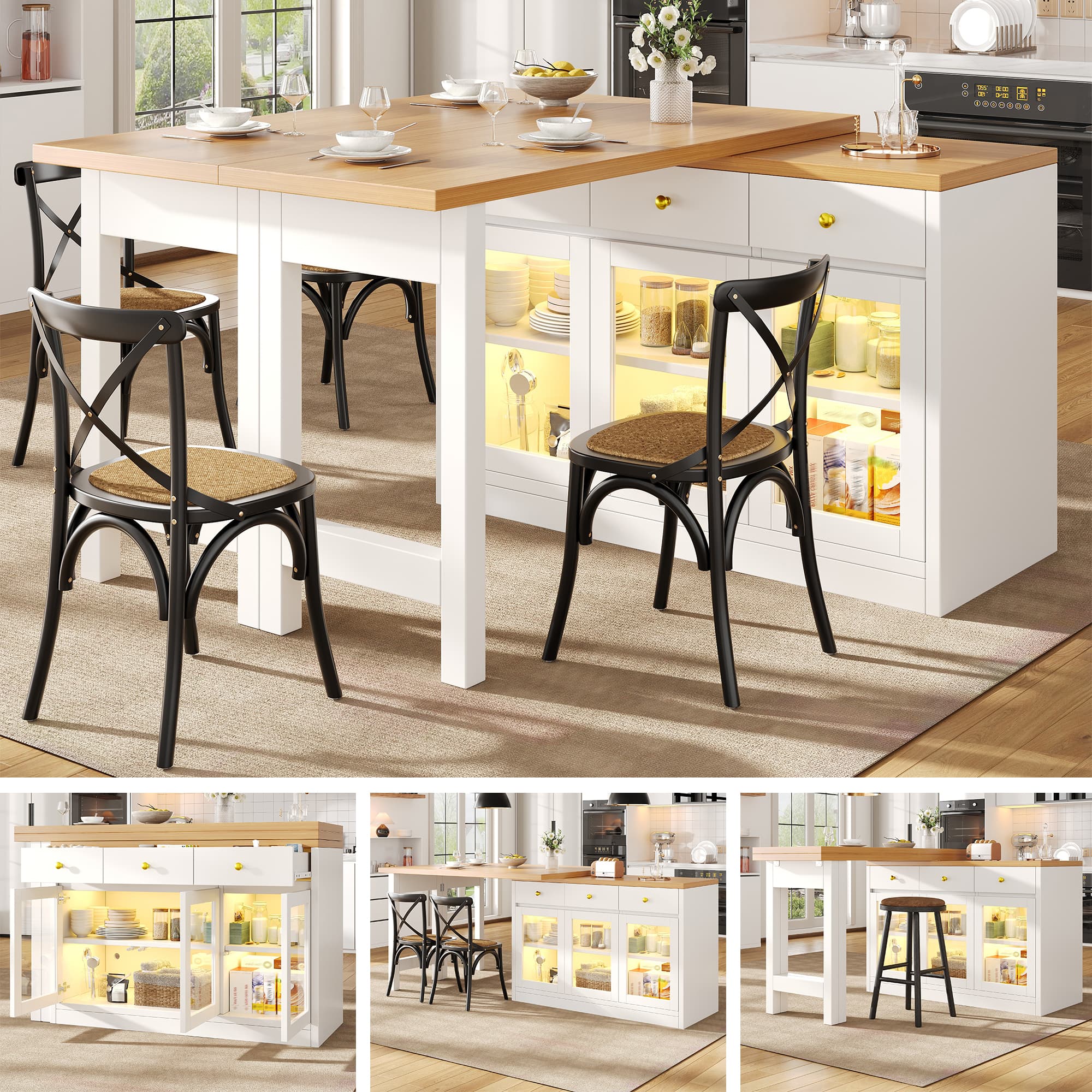 Extendable Kitchen Island With LED Lights, 120-200cm Adjustable Dining Table With Storage, 3 Drawers & Glass Cabinets, White Black