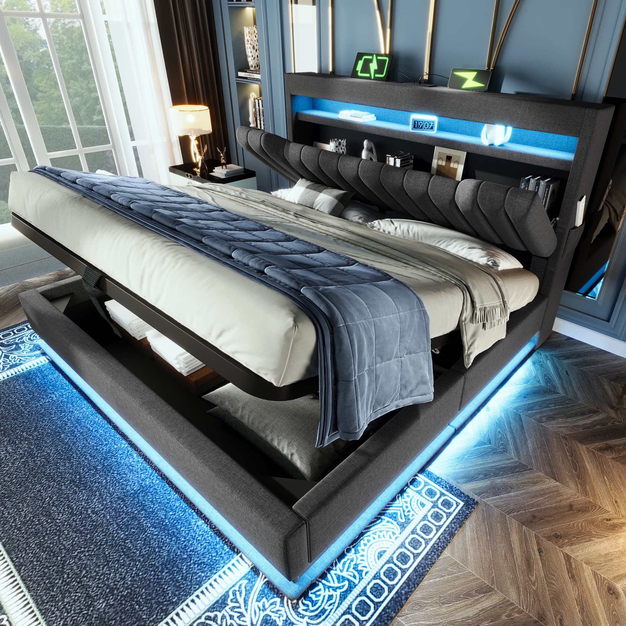 Upholstered Bed 135 X 190 Cm With LED Lighting, USB Type-C Charging, Storage Headboard For Cellphones And Tablets, 4ft6 Hydraulic Storage Bed With Metal Slatted Frame, Linen, Grey  No Mattress