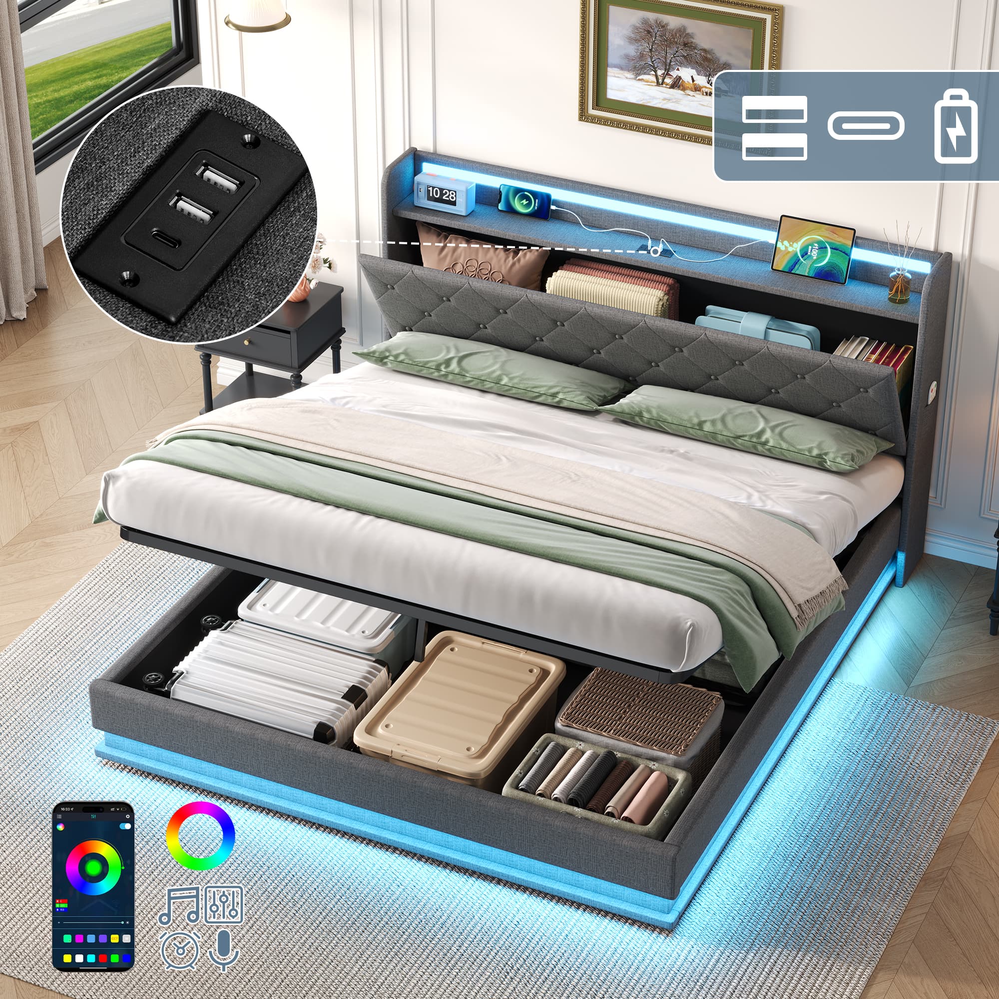 4ft6 Double Upholstered Bed Frame With Hydraulic Storage,  LED Button Tufted Headboard With Charging Station And Concealed Headboard Storage, USB And Type - C Ports, Linen, Grey  No Mattress