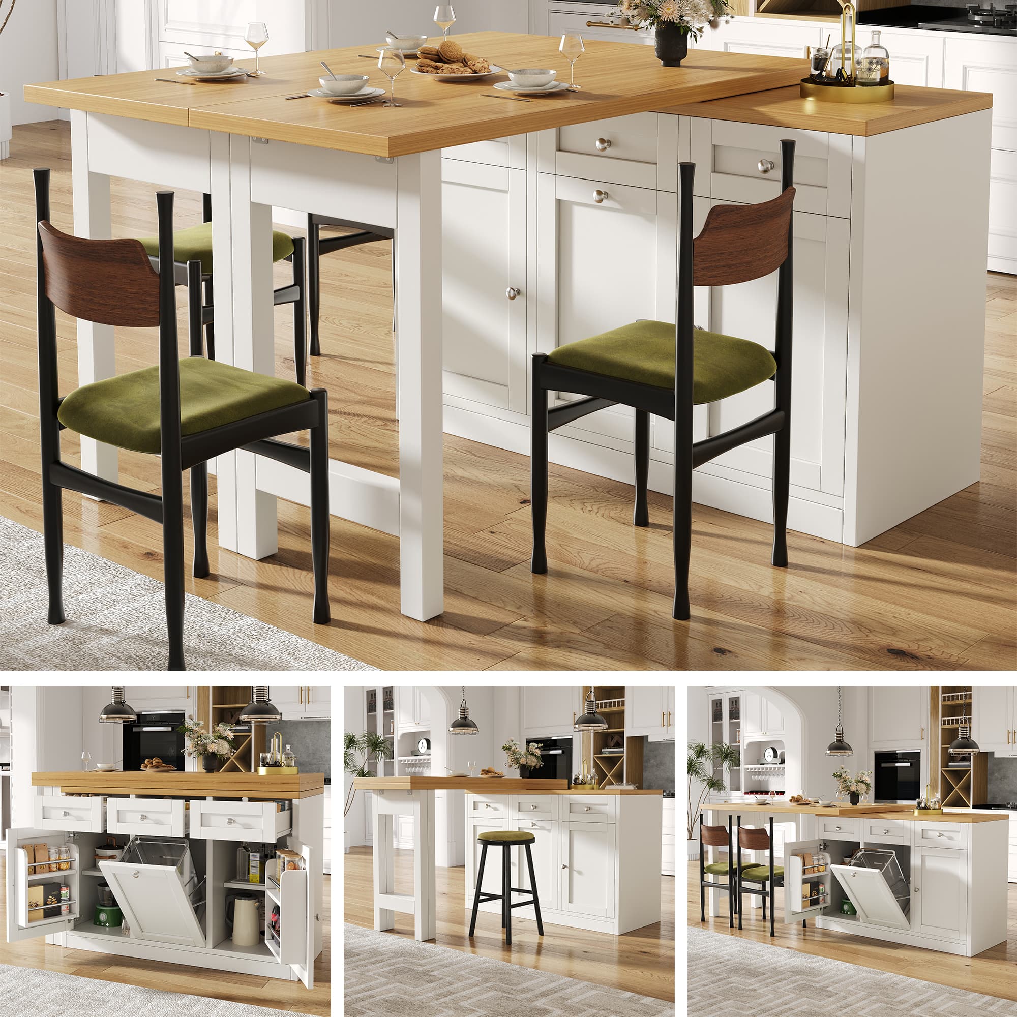 Extendable Bar Table With Storage Space, Fold Out Dining Table With Drawer And Snack Tray, Pull-out Bin Holder  Bin Not Included , Space-saving Design For Small Flats, Kitchens, Balconies,White