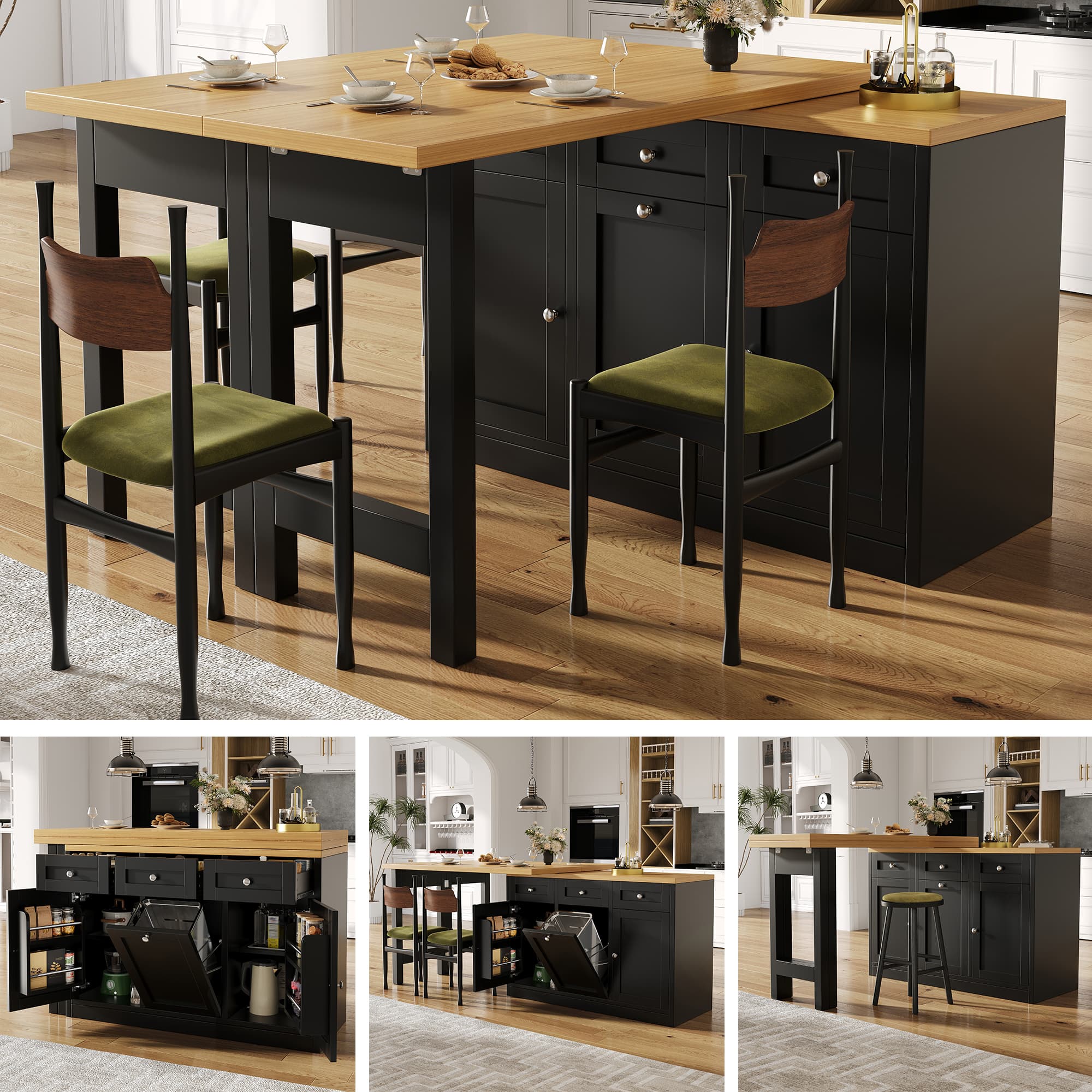 Extendable Bar Table With Storage Space, Fold-out Dining Table With Drawer And Snack Tray, Pull Out Bin Holder  Bin Not Included , Space-saving Design For Small Flats, Kitchens, Balconies,Black