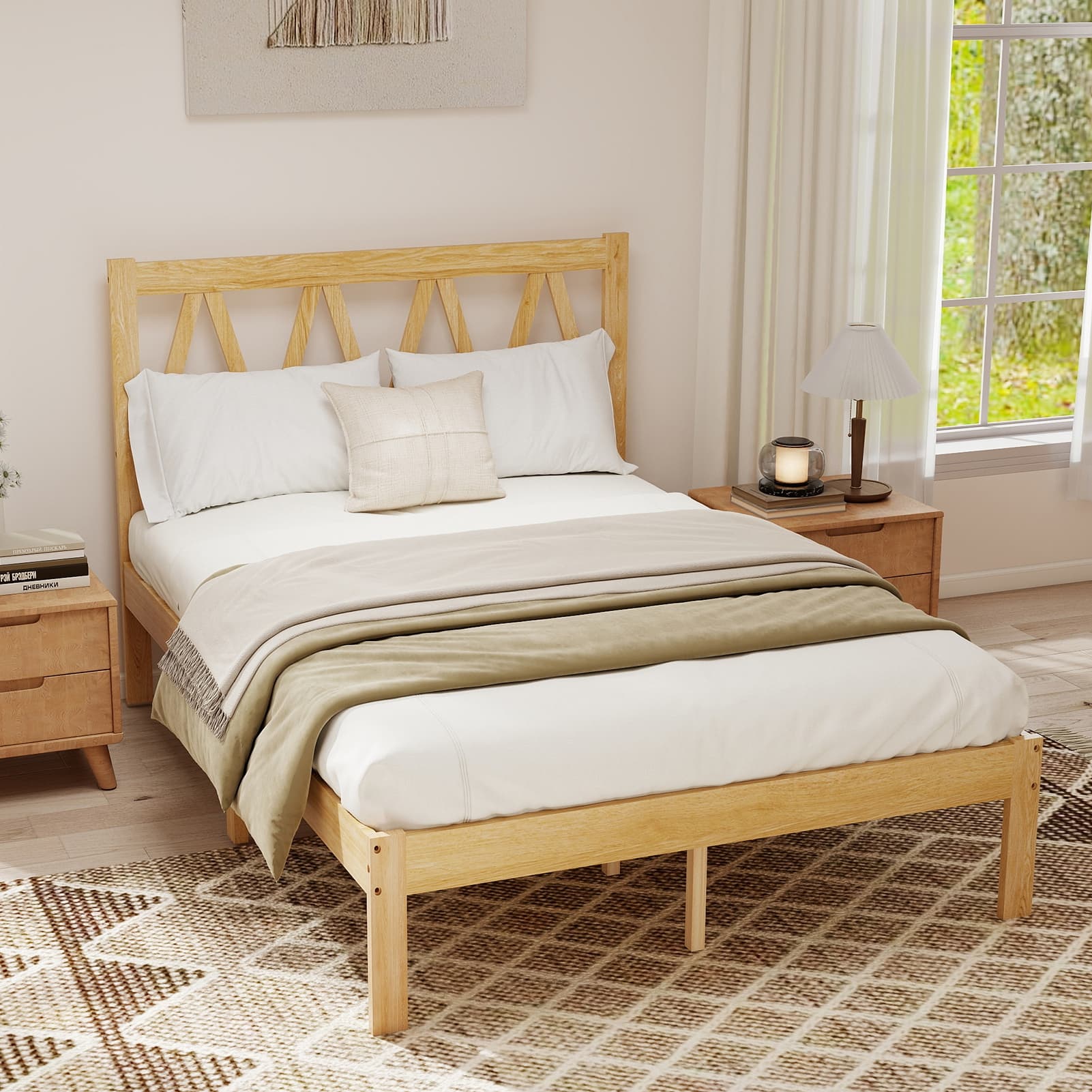 Wood Platform Bed Frame With Headboard Solid Wood Foundation With Heavy Duty Slat Support No Box Spring Needed Easy Assembly Rubber Wood Full Size