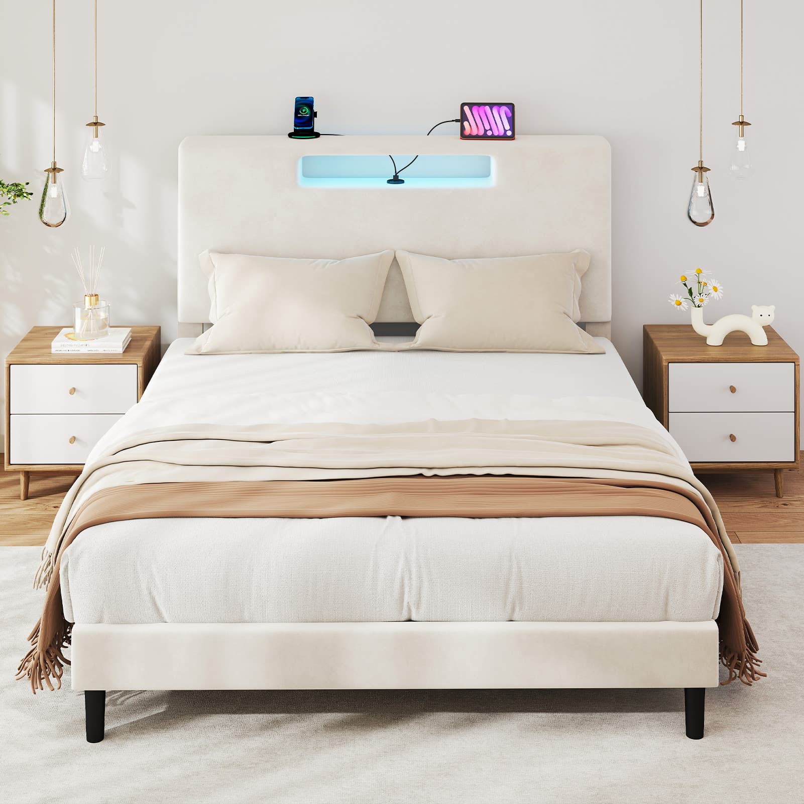 Queen Size Bed Frame With Storage Function Charging Station And Adjustable LED Light Wood Slat Support Bed Frame With Headboard Remote Control Easy Assembly