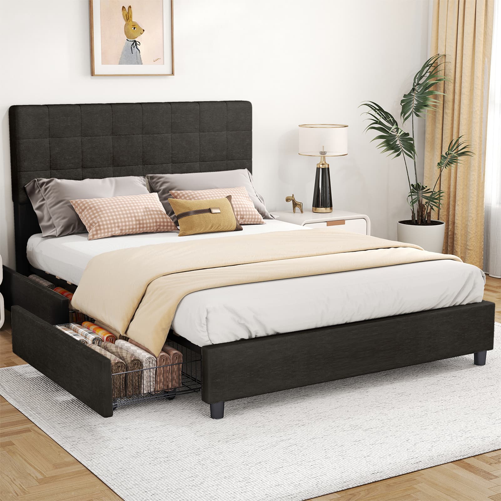 Full Bed Frame Upholstered Vertical Channel Headboard Bed Frame With 4 Storage Drawers Wood Slats No Box Spring Needed Easy Assembly For Bedroom