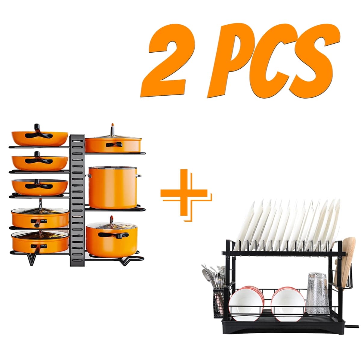 Multifunctional Adjustable Pot & Pan Organizer Rack With Dish Drying Rack, 2-Piece Kitchen Countertop Storage Set For Pots, Lids, Bowls And Dishes