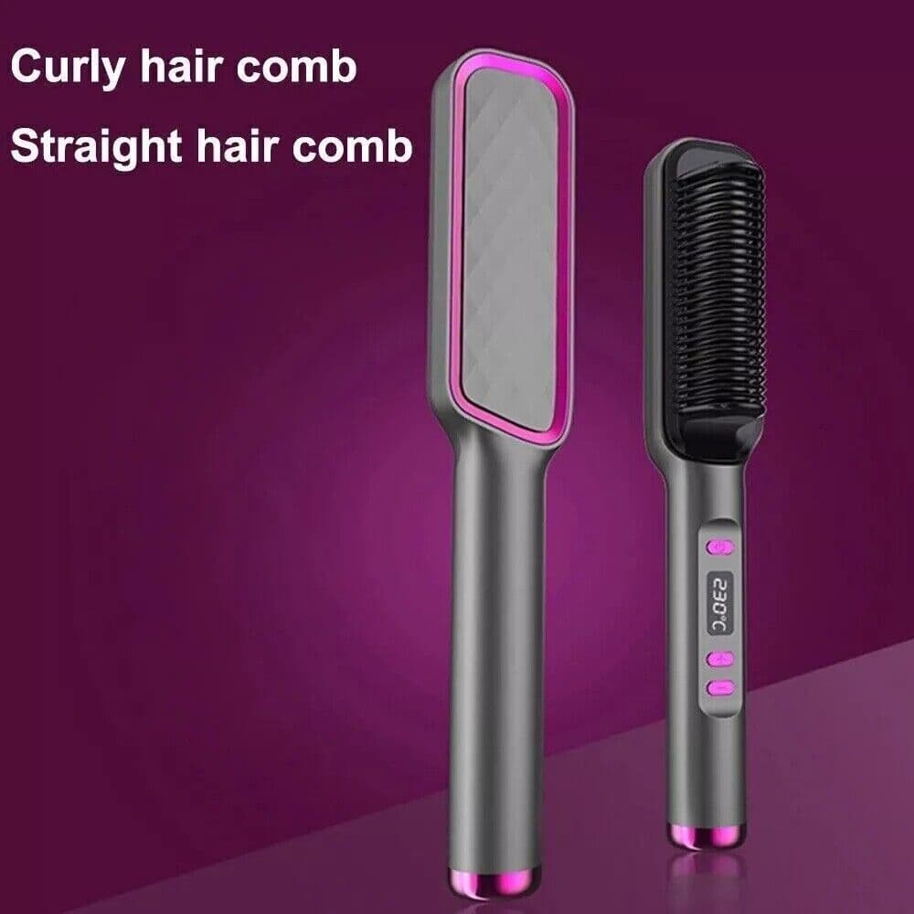2in1 Negative-ion Hair Straightener Brush Curling Salon Styling Comb Ceramic New--Grey