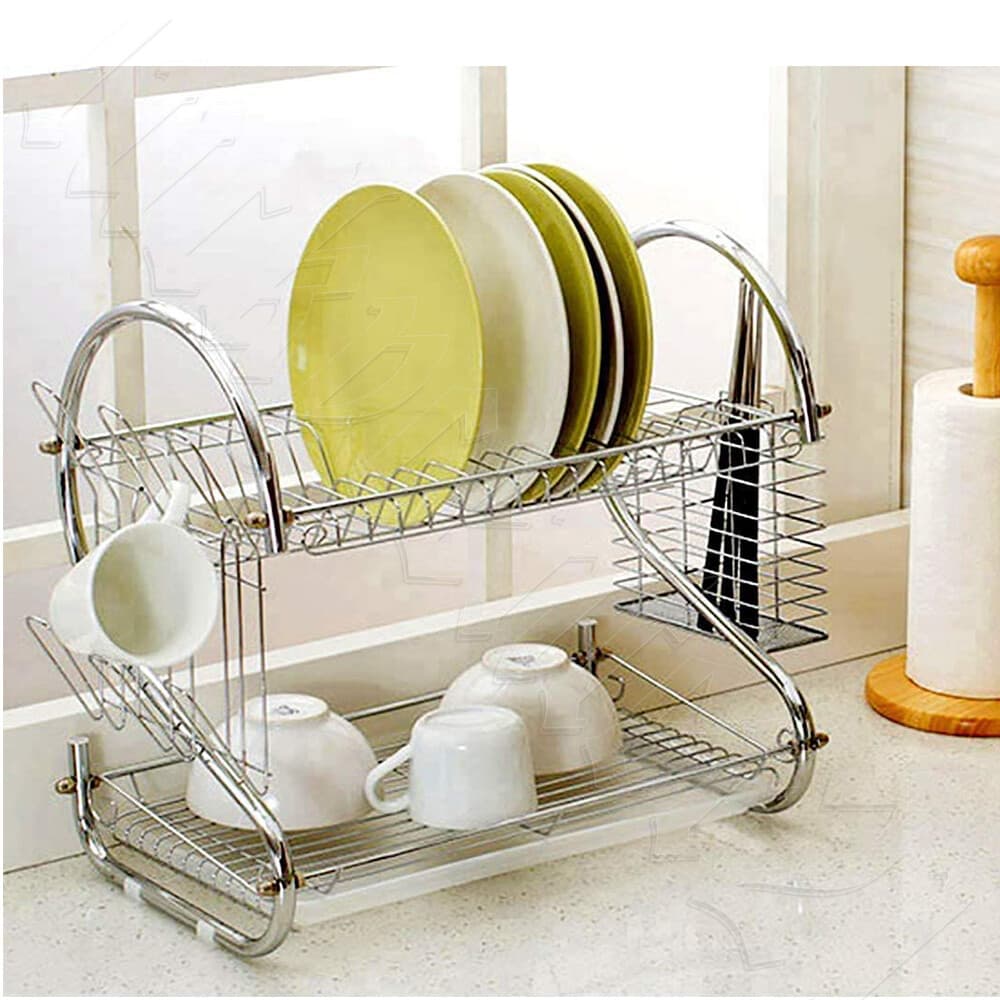 2 Tier Dish Drying Rack Drainer Cup Plate Holder Cutlery Tray Kitchen Organizer