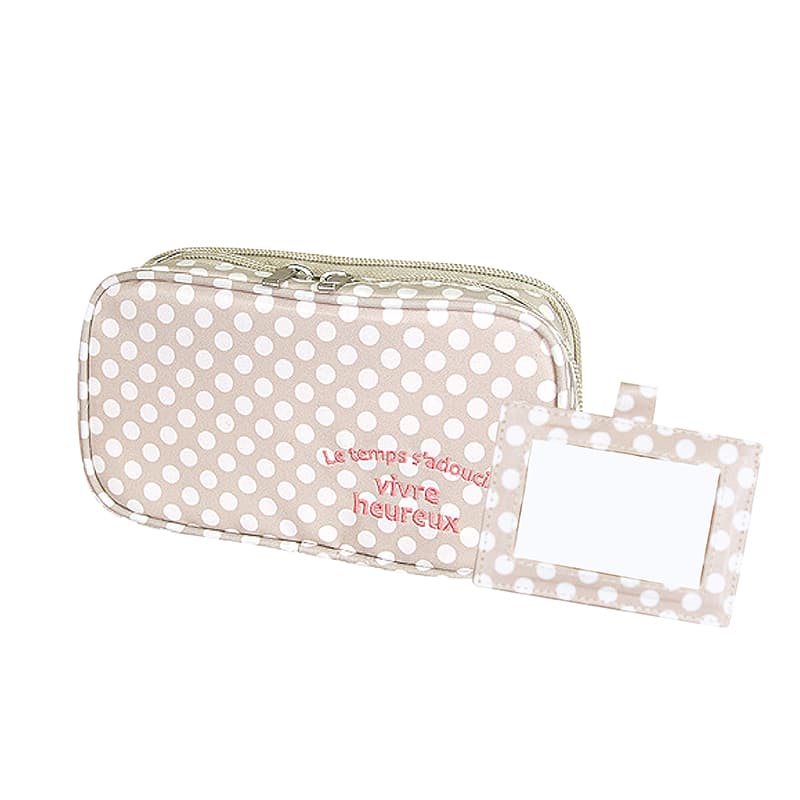 2 Layer Makeup Bag W Mirror Travel Cosmetic Bag Organizer Brush Slots Portable  Beige